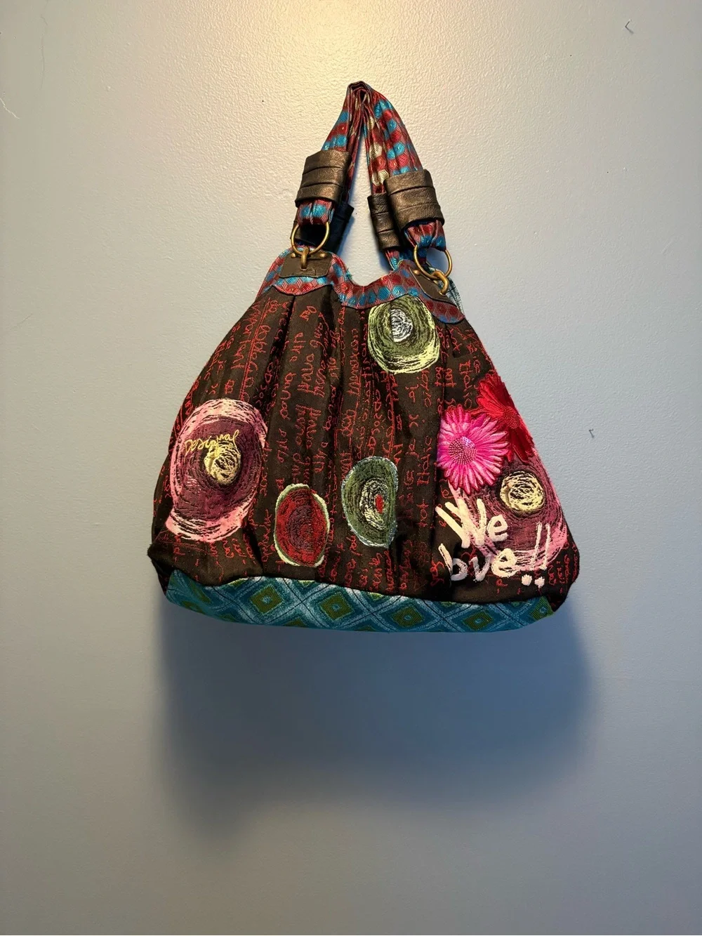 Desigual Boho Floral Embroidered Hobo Bag in burgundy, pink, yellow, turquoise.